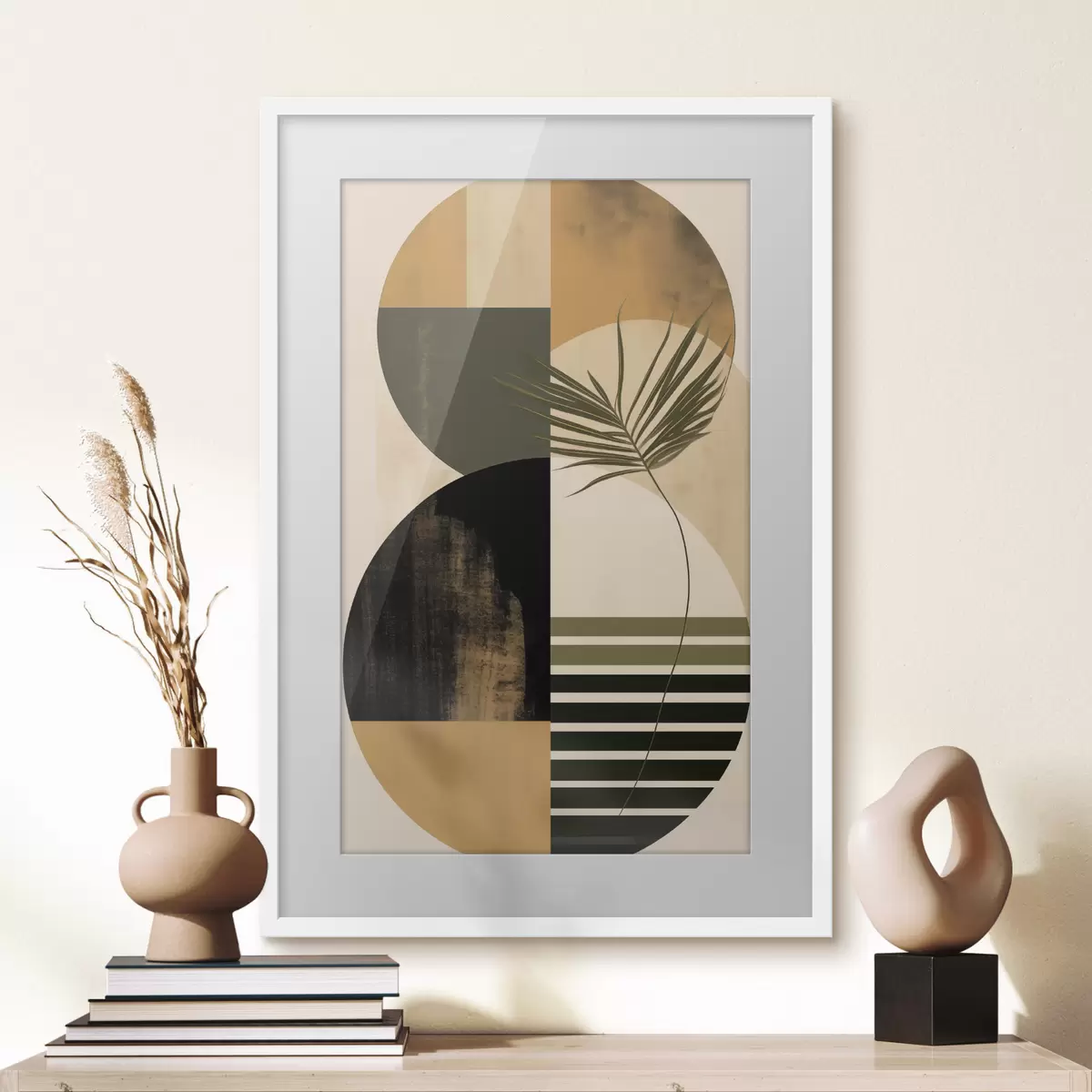 Poster Abstrakte Komposition mit geometrischen Formen und tropischen Blättern, strukturiert f50633