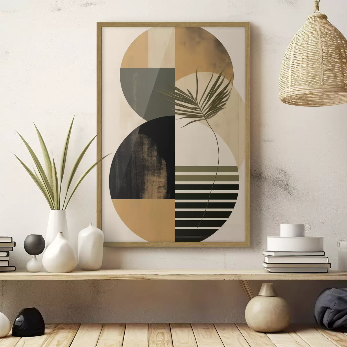 Poster Abstrakte Komposition mit geometrischen Formen und tropischen Blättern, strukturiert f50633