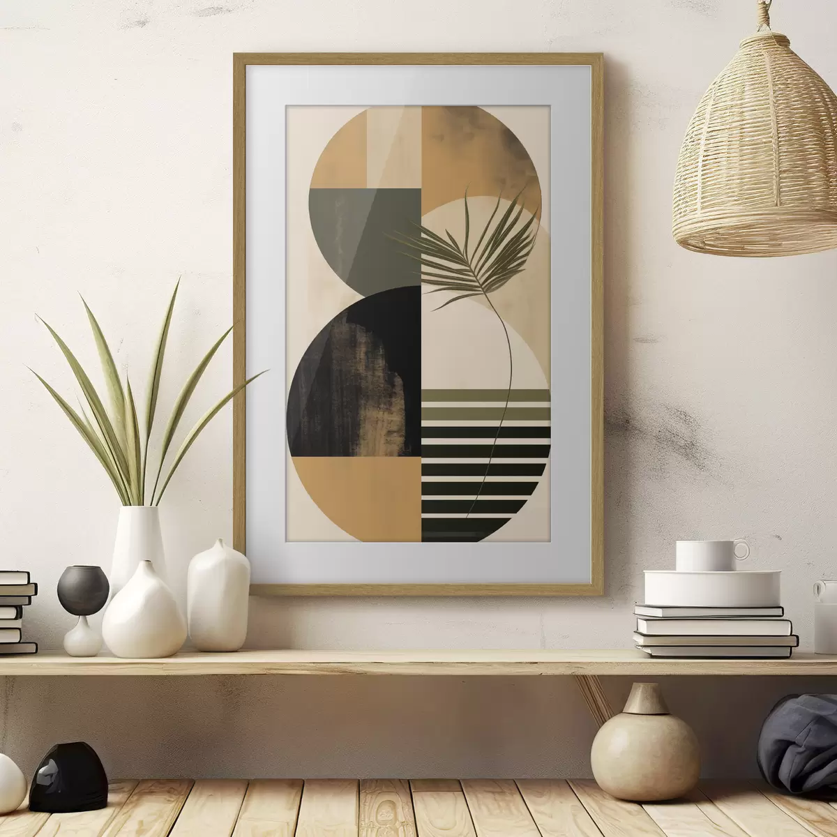 Poster Abstrakte Komposition mit geometrischen Formen und tropischen Blättern, strukturiert f50633
