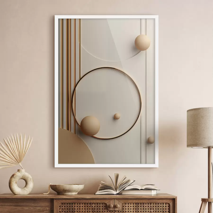 Fototapete Abstrakte moderne Kunst mit Kugeln und vertikalen Linien, minimalistische Komposition f50636