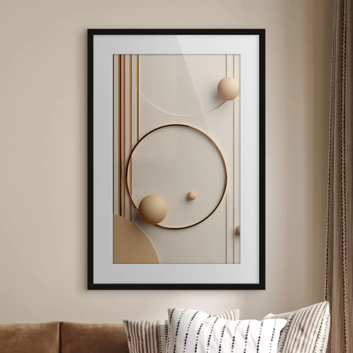 Poster Abstrakte moderne Kunst mit Kugeln und vertikalen Linien, minimalistische Komposition f50636