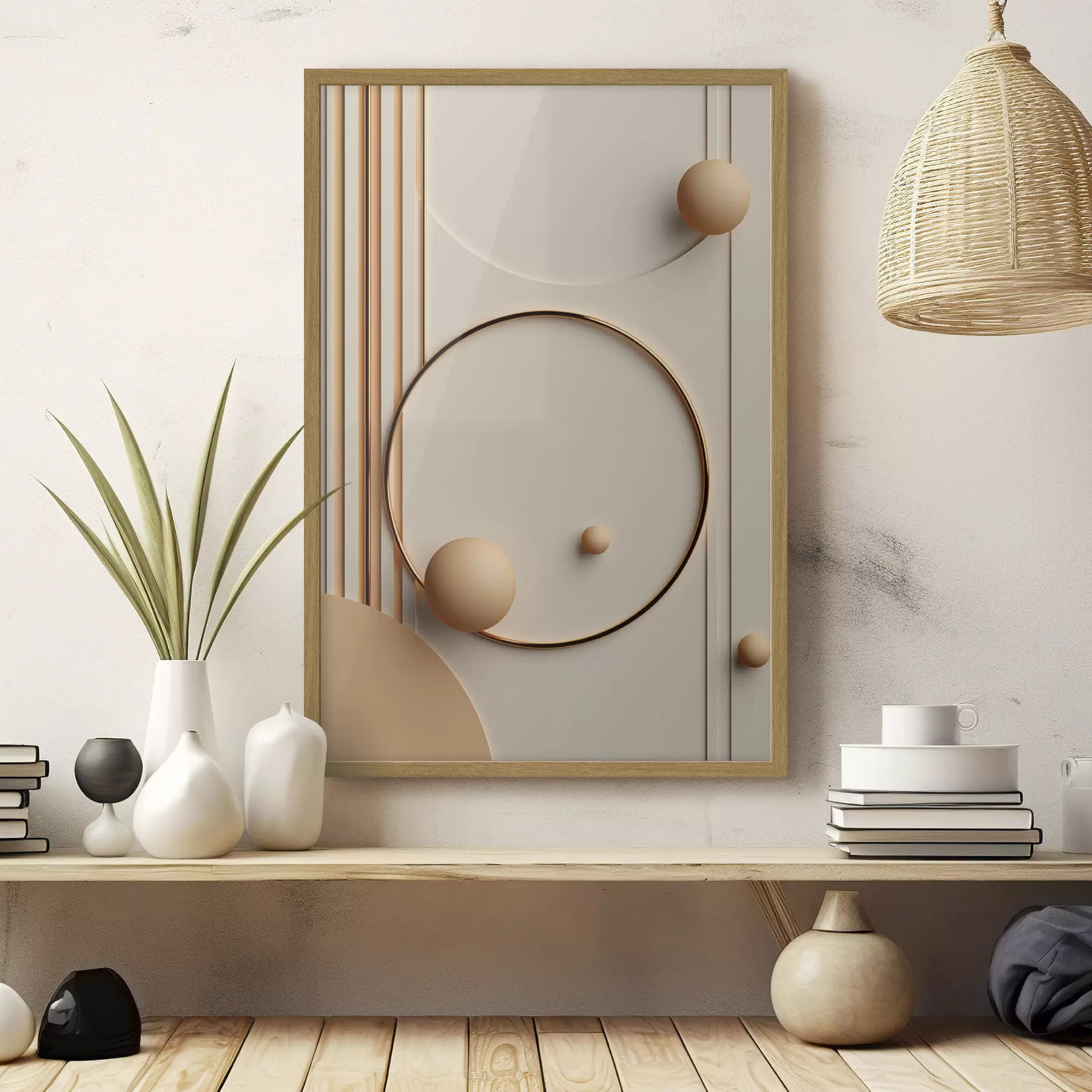 Fototapete Abstrakte moderne Kunst mit Kugeln und vertikalen Linien, minimalistische Komposition f50636