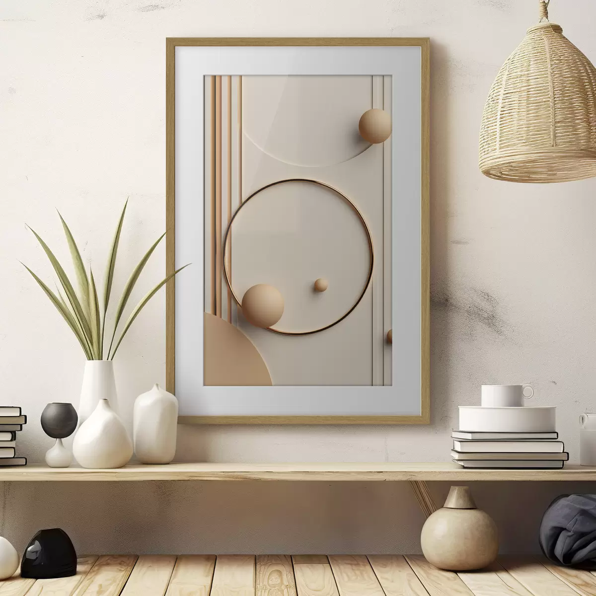 Poster Abstrakte moderne Kunst mit Kugeln und vertikalen Linien, minimalistische Komposition f50636