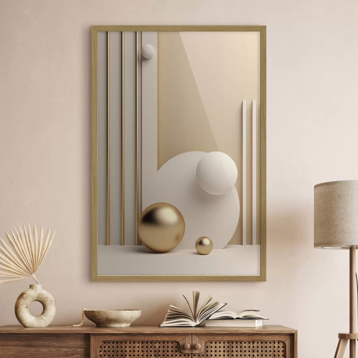 Poster Abstrakte moderne Kunst mit Kugeln und vertikalen Linien, minimalistische Komposition f50637