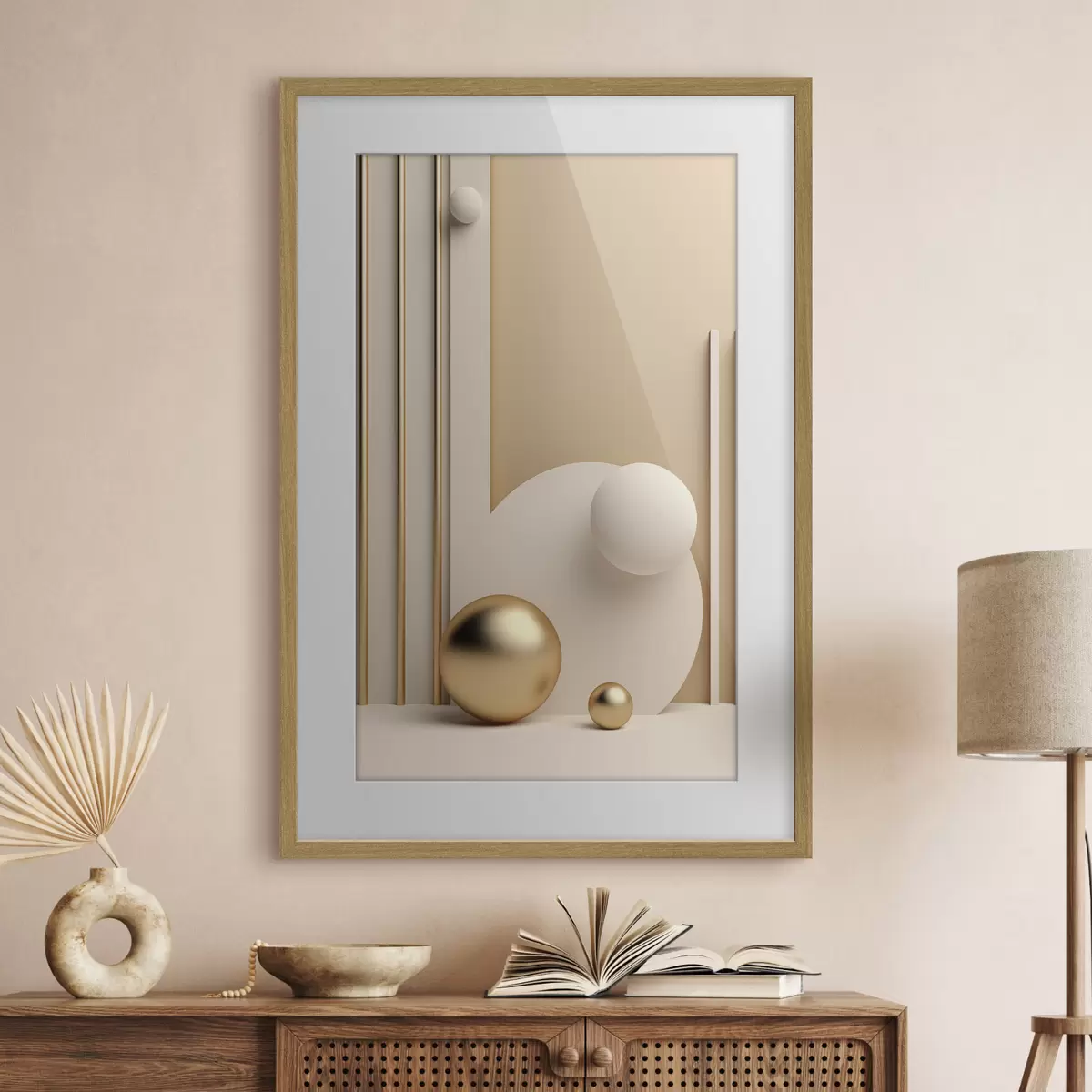 Poster Abstrakte moderne Kunst mit Kugeln und vertikalen Linien, minimalistische Komposition f50637