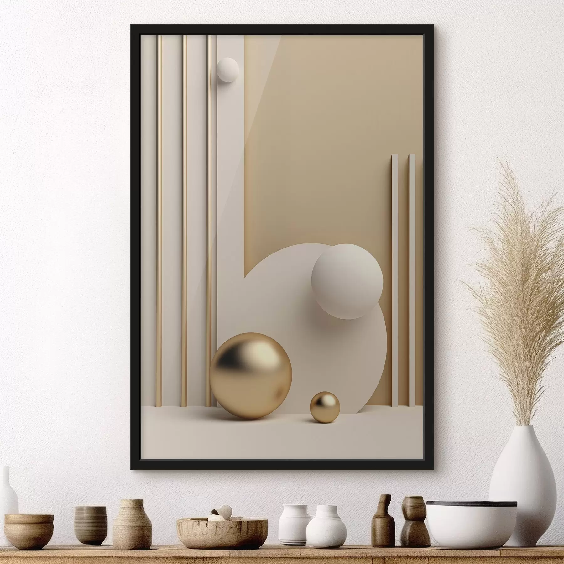Fototapete Abstrakte moderne Kunst mit Kugeln und vertikalen Linien, minimalistische Komposition f50637