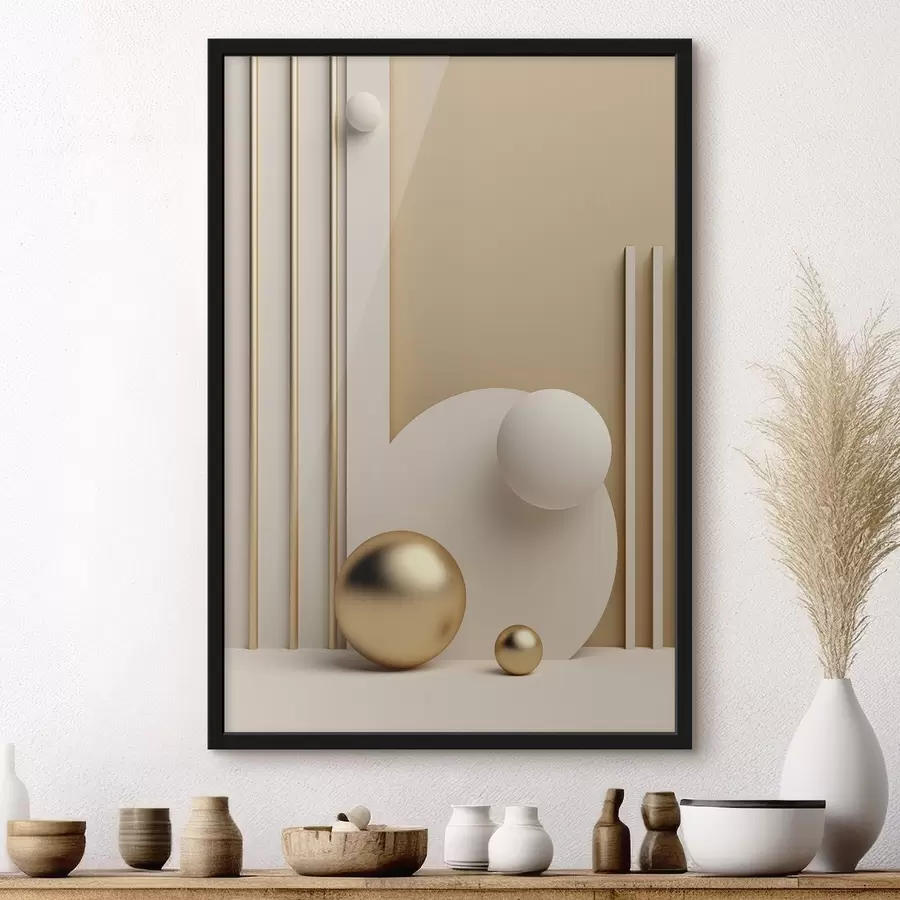 Fototapete Abstrakte moderne Kunst mit Kugeln und vertikalen Linien, minimalistische Komposition f50637
