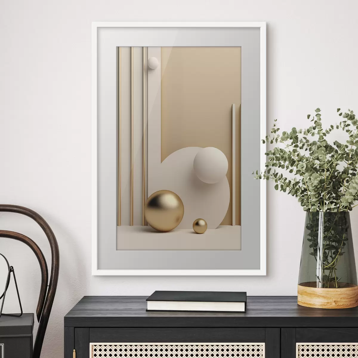Poster Abstrakte moderne Kunst mit Kugeln und vertikalen Linien, minimalistische Komposition f50637