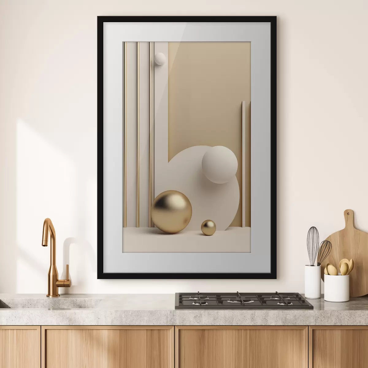 Poster Abstrakte moderne Kunst mit Kugeln und vertikalen Linien, minimalistische Komposition f50637