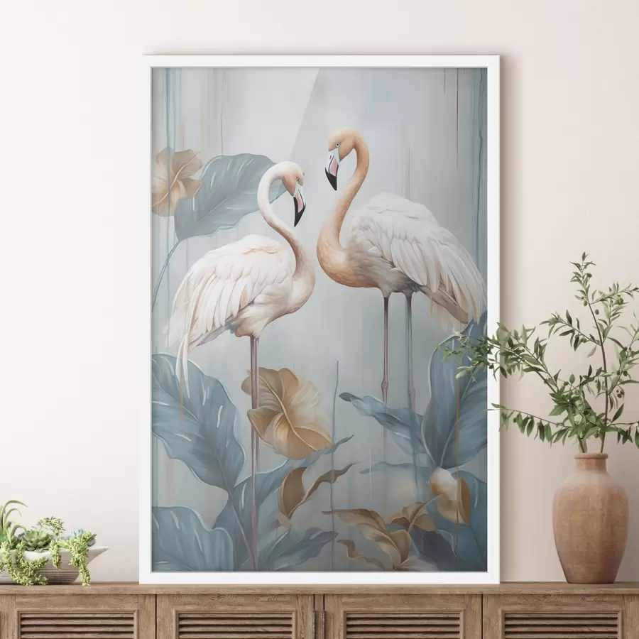 Fototapete Flamingos mit tropischen Blättern, Pastellfarben f50638
