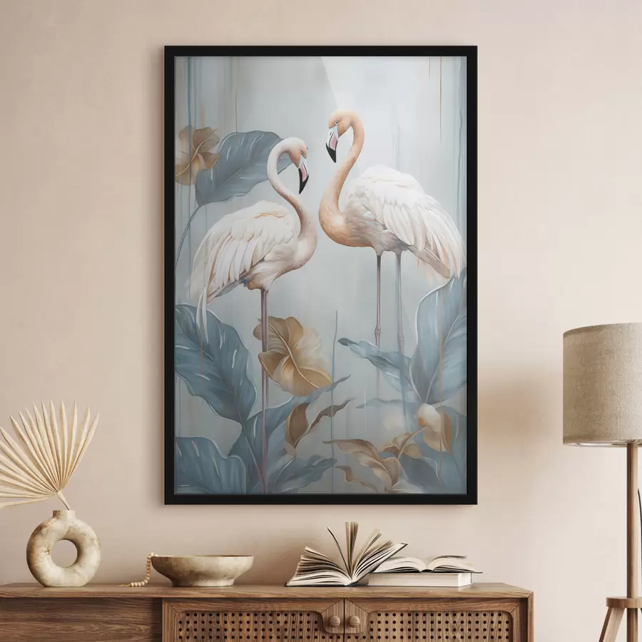 Fototapete Flamingos mit tropischen Blättern, Pastellfarben f50638