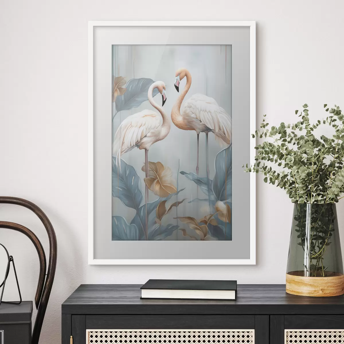 Poster Flamingos mit tropischen Blättern, Pastellfarben f50638