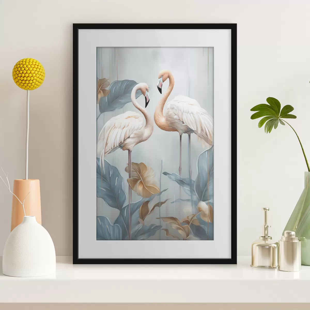 Poster Flamingos mit tropischen Blättern, Pastellfarben f50638
