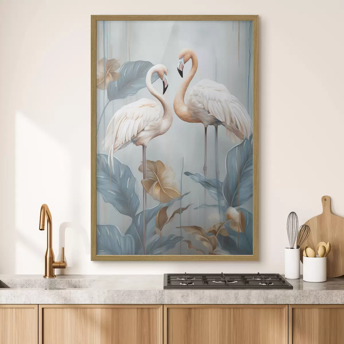 Poster Flamingos mit tropischen Blättern, Pastellfarben f50638