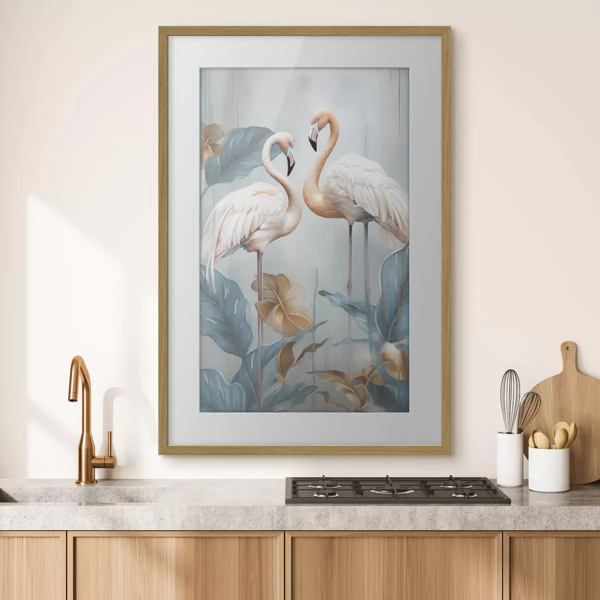 Poster Flamingos mit tropischen Blättern, Pastellfarben f50638