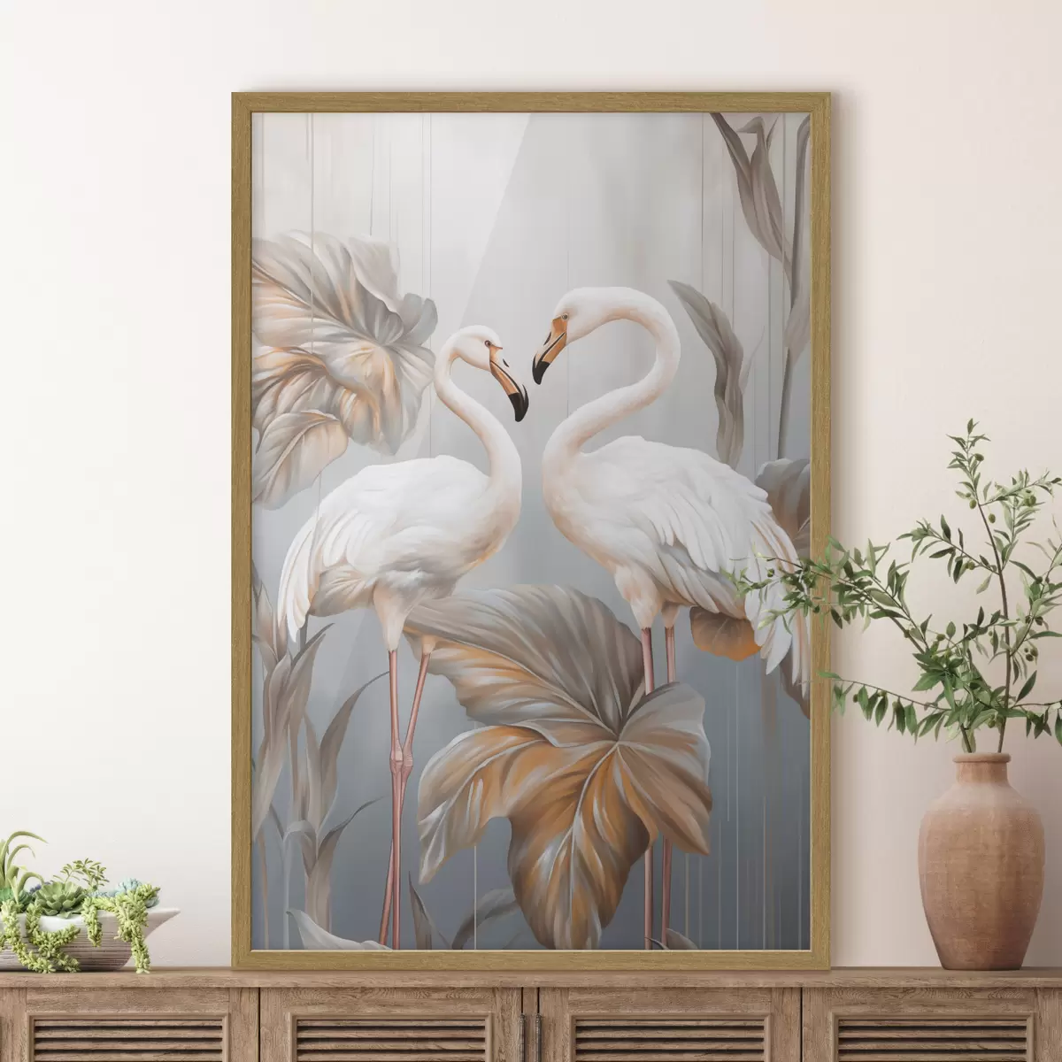 Poster Flamingos mit tropischen Blättern, Pastellfarben f50639