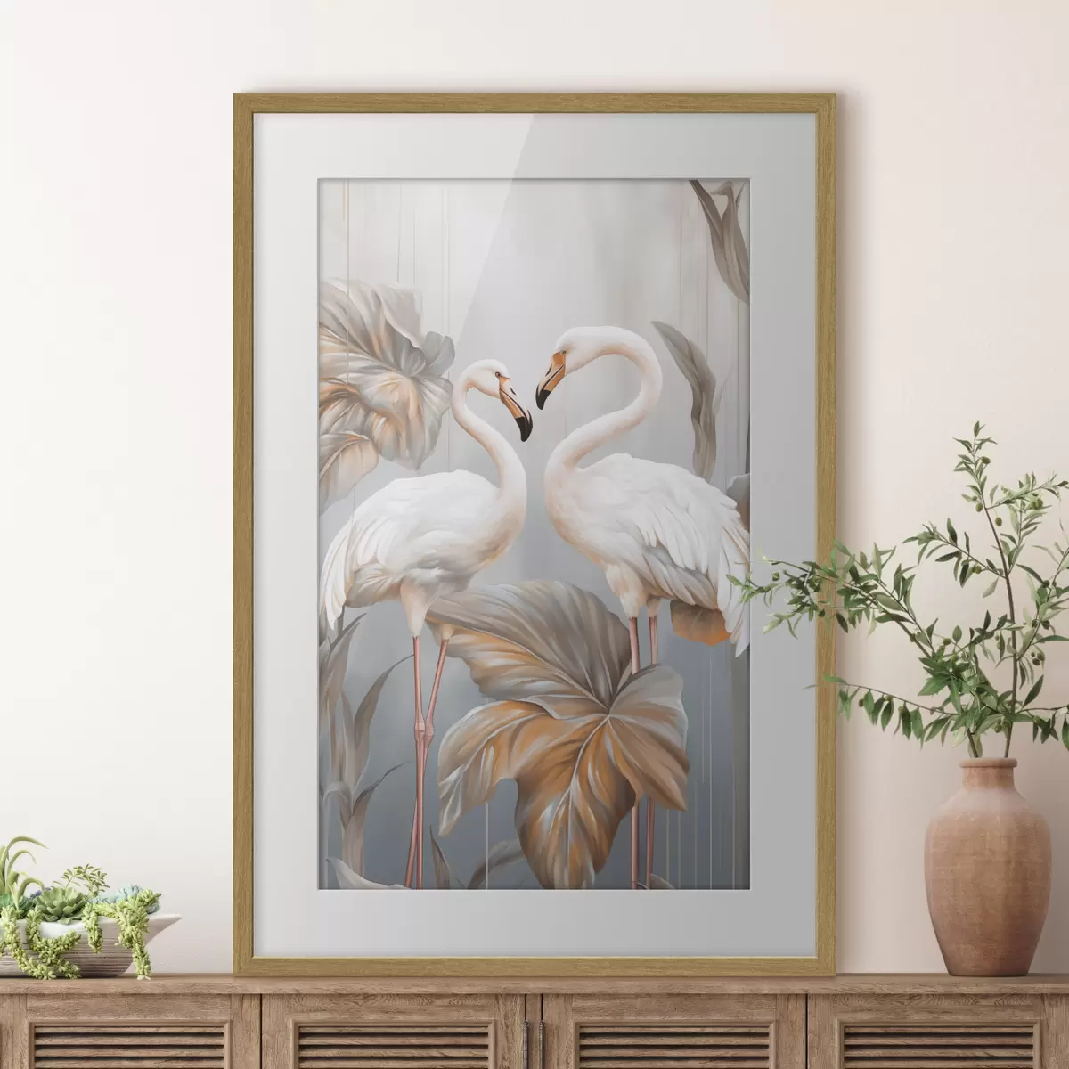 Poster Flamingos mit tropischen Blättern, Pastellfarben f50639
