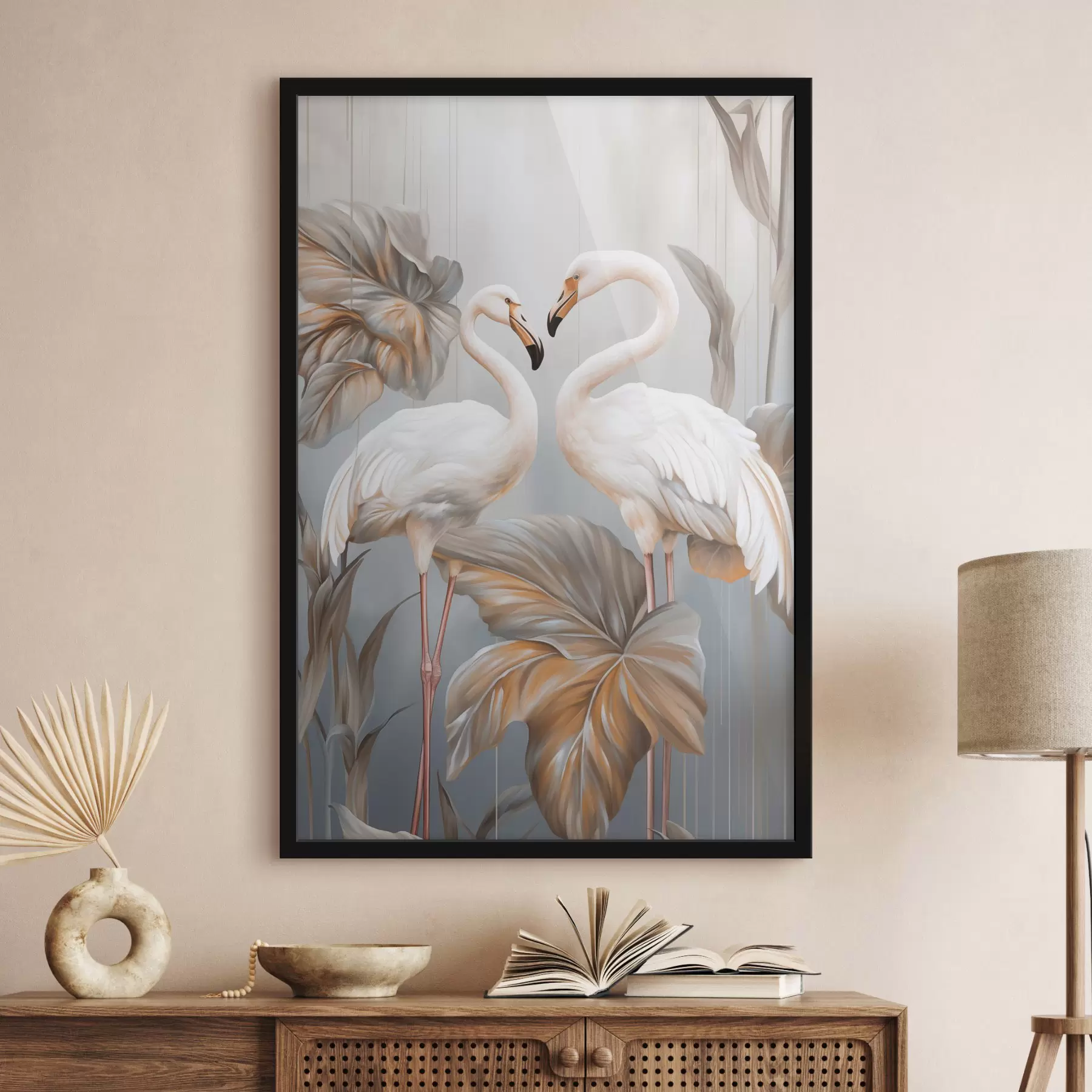Fototapete Flamingos mit tropischen Blättern, Pastellfarben f50639