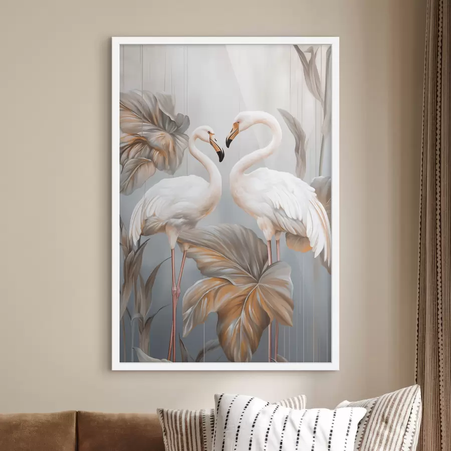 Fototapete Flamingos mit tropischen Blättern, Pastellfarben f50639