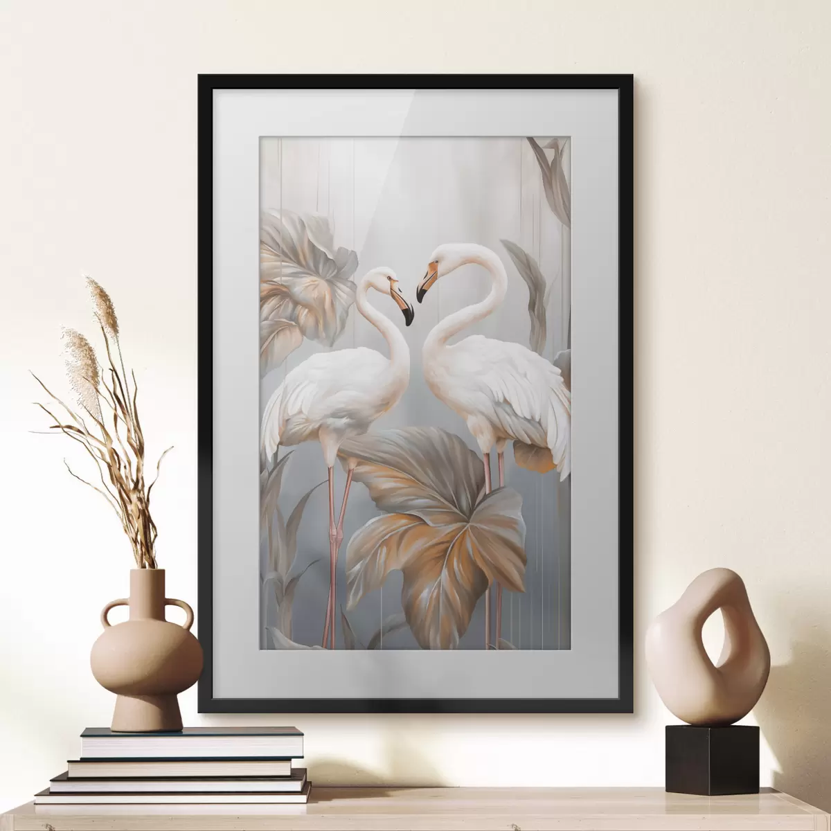 Poster Flamingos mit tropischen Blättern, Pastellfarben f50639