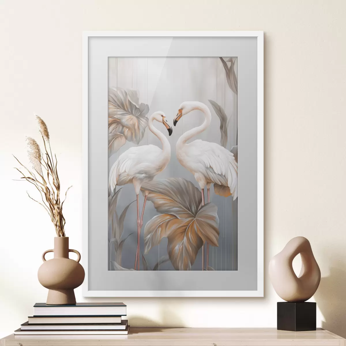 Poster Flamingos mit tropischen Blättern, Pastellfarben f50639