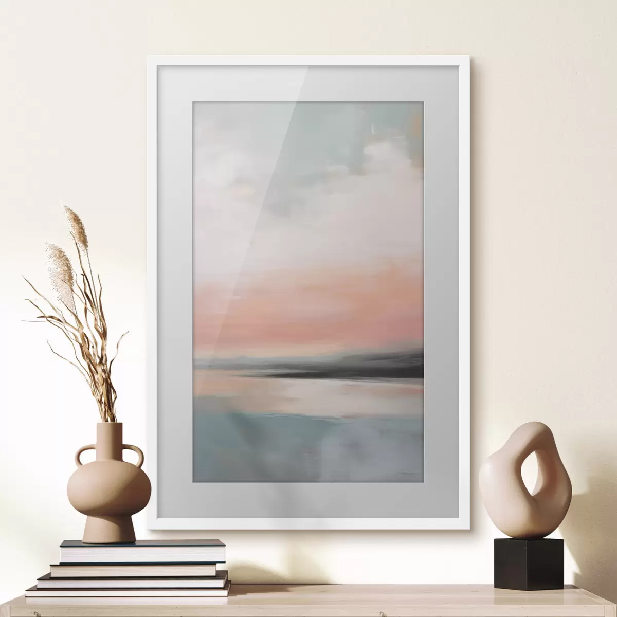 Poster Abstrakte, minimalistische Meereslandschaft in sanften Pastelltönen f50640