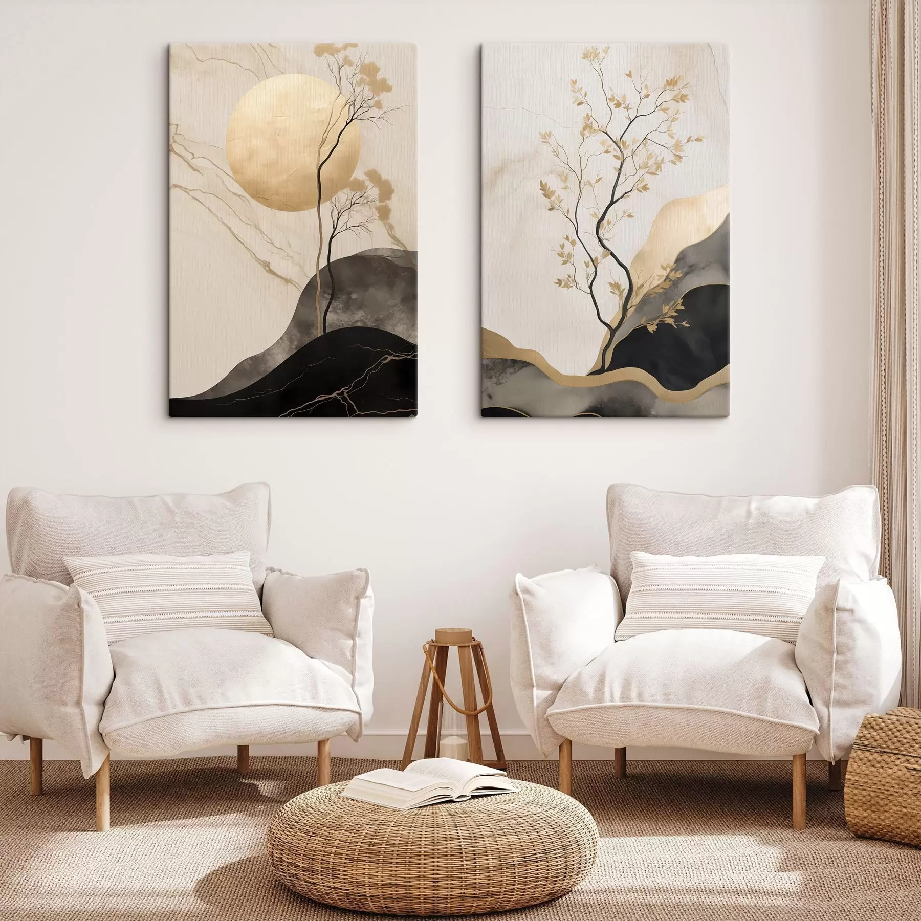 Fototapete Minimalistische abstrakte Kunst, Bäume und fließende Texturen in Beige- und Schwarztönen m30955