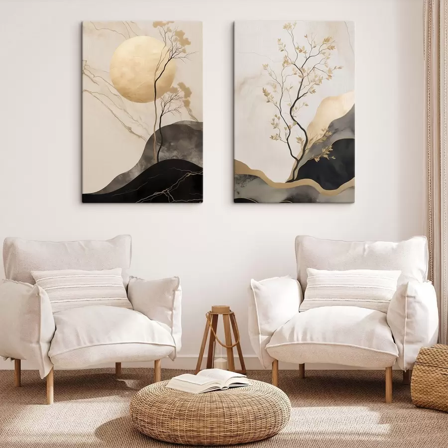 Fototapete Minimalistische abstrakte Kunst, Bäume und fließende Texturen in Beige- und Schwarztönen m30955