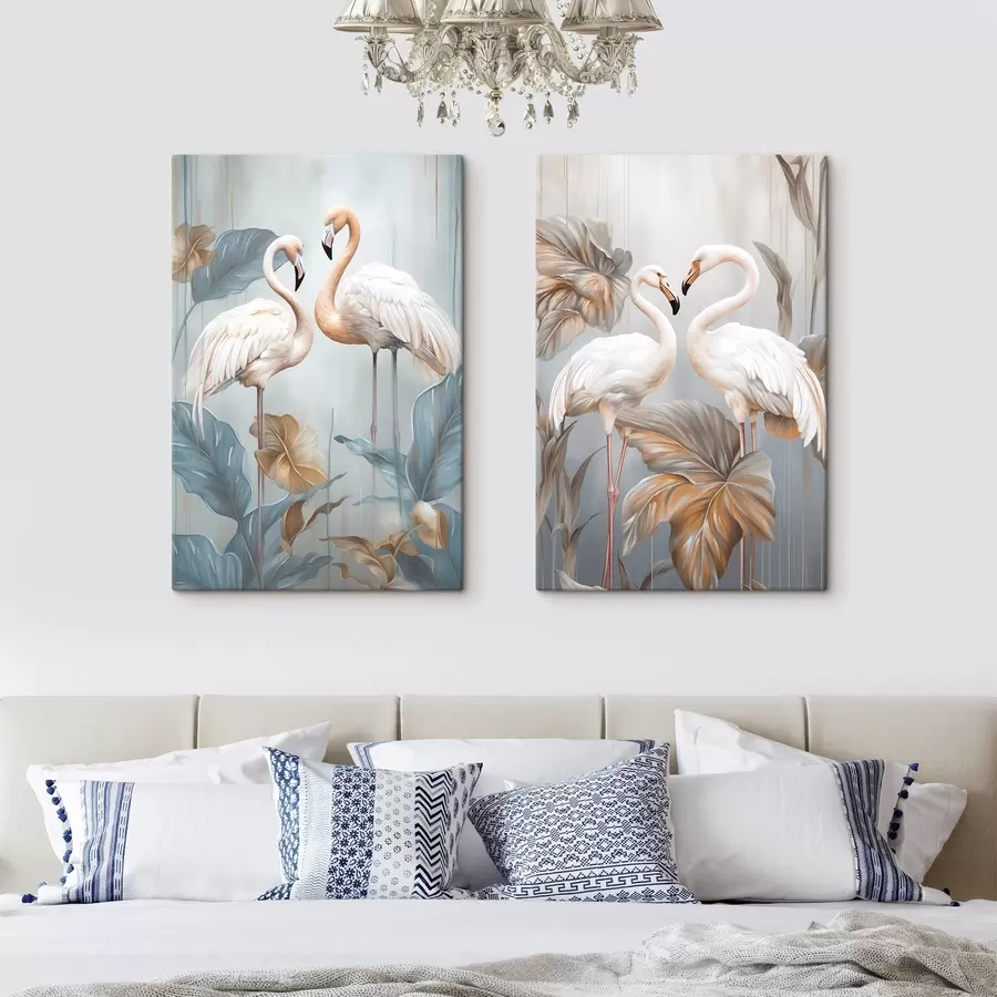 Fototapete Flamingos mit tropischen Blättern, Pastellfarben m30968