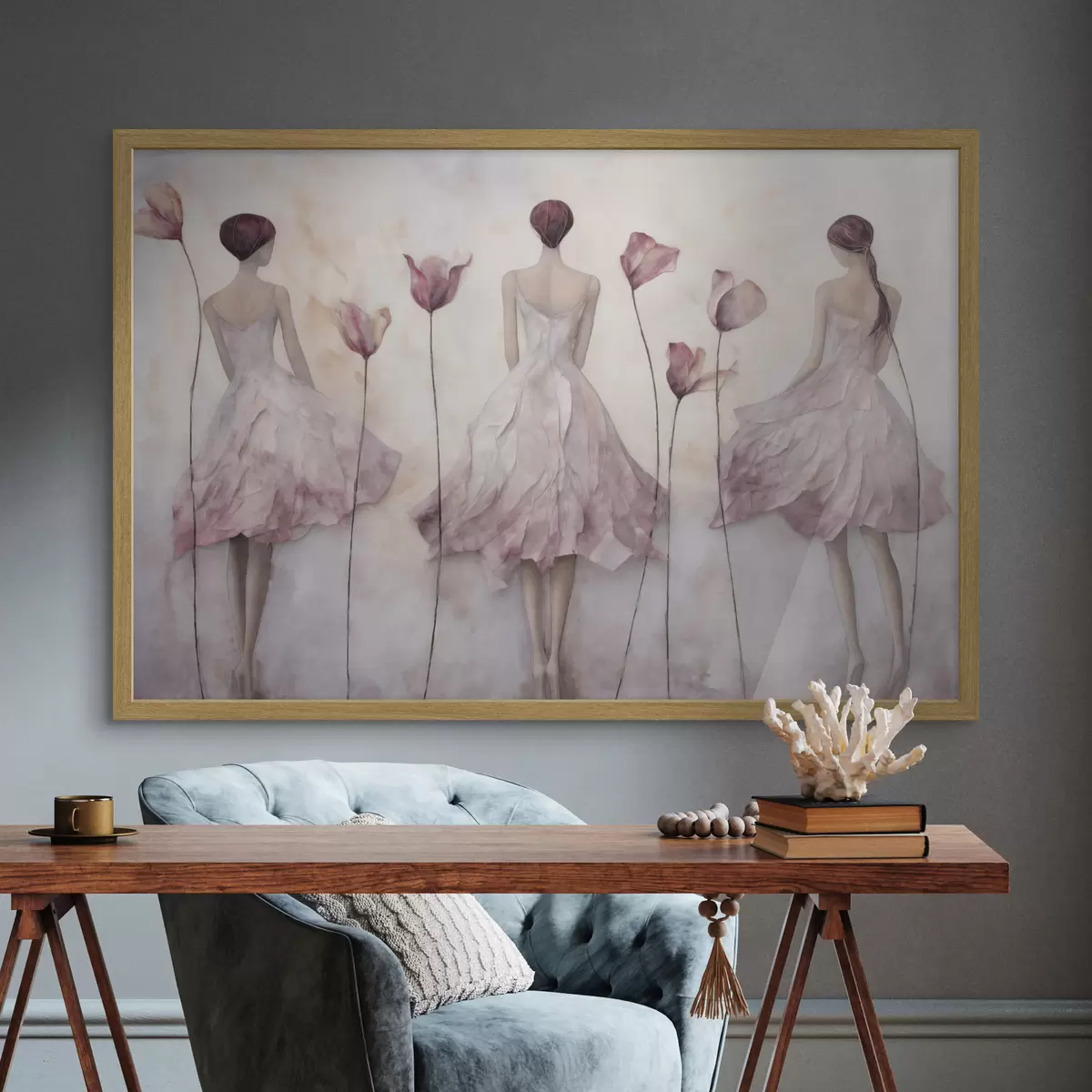 Poster Drei weibliche Figuren in rosa Kleidern inmitten von Blumen f50582