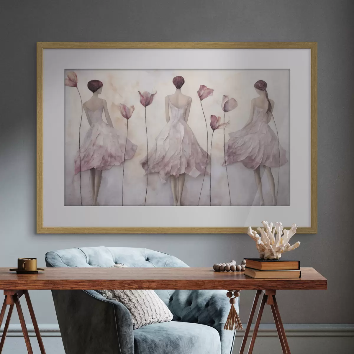 Poster Drei weibliche Figuren in rosa Kleidern inmitten von Blumen f50582