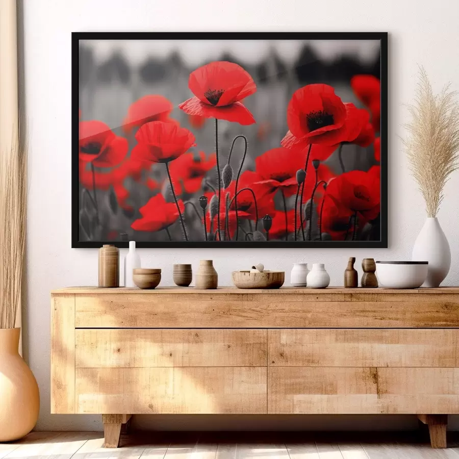 Fototapete Leuchtend rote Mohnblumen vor einem einfarbigen Hintergrund f50584