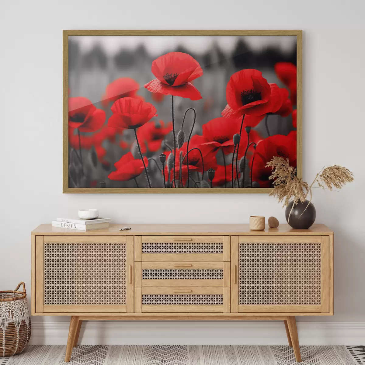 Poster Leuchtend rote Mohnblumen vor einem einfarbigen Hintergrund f50584