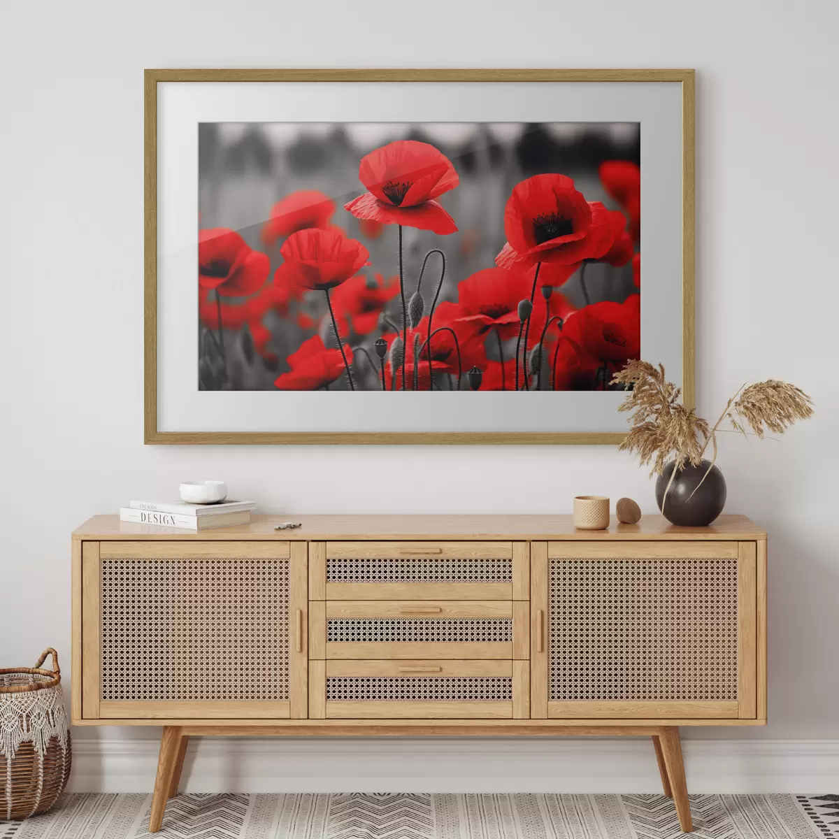 Poster Leuchtend rote Mohnblumen vor einem einfarbigen Hintergrund f50584