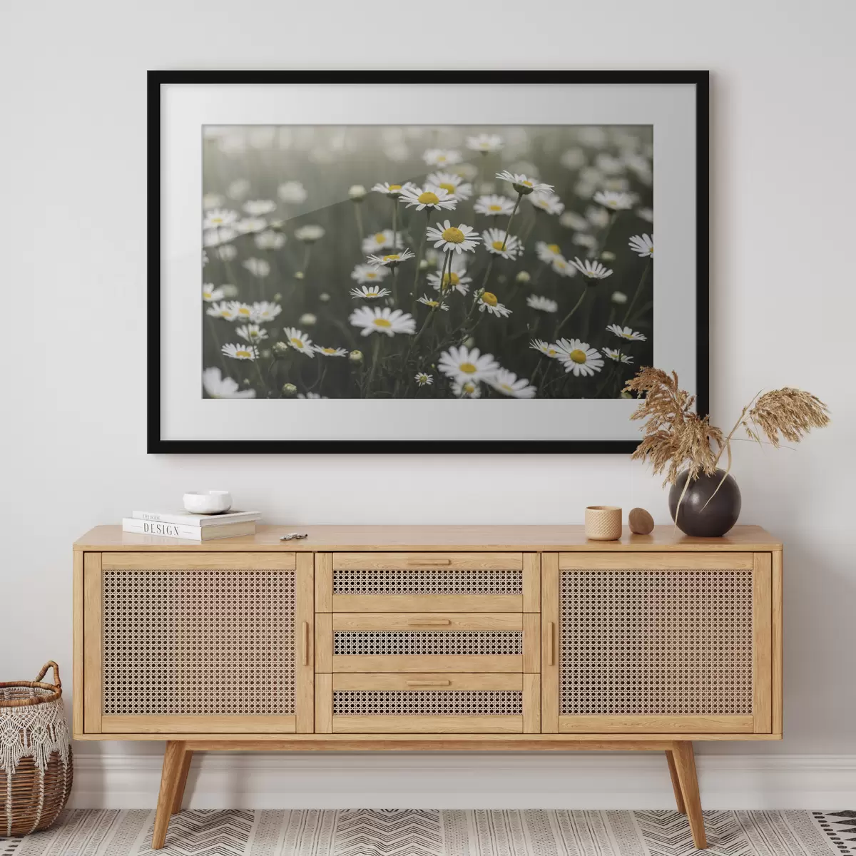 Poster Ein Feld voller weißer Gänseblümchen mit gelben Blütenmitten f50588