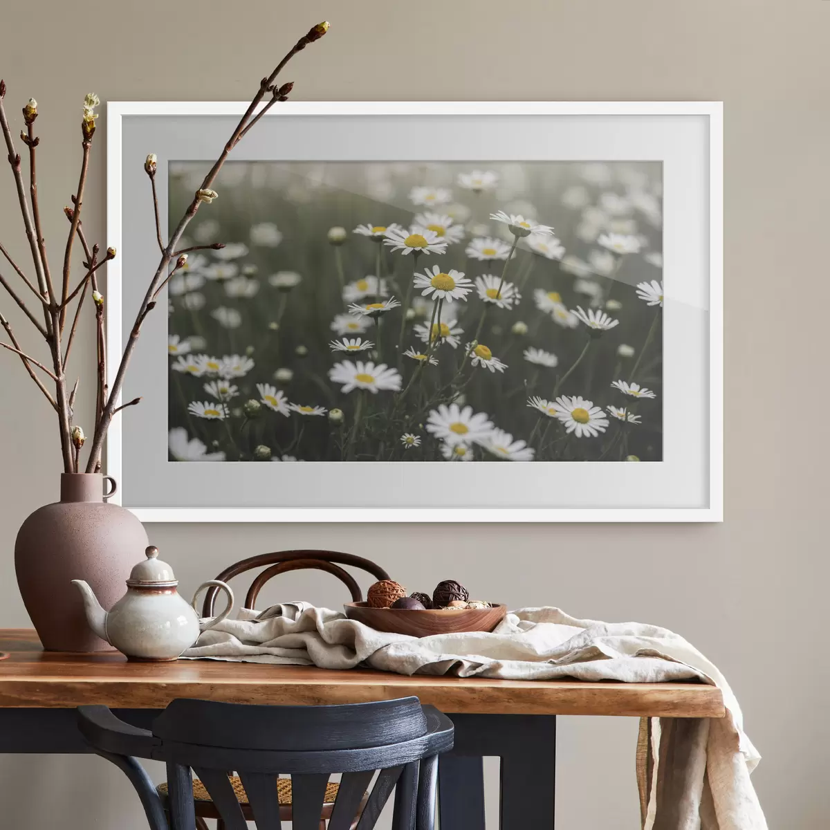 Poster Ein Feld voller weißer Gänseblümchen mit gelben Blütenmitten f50588