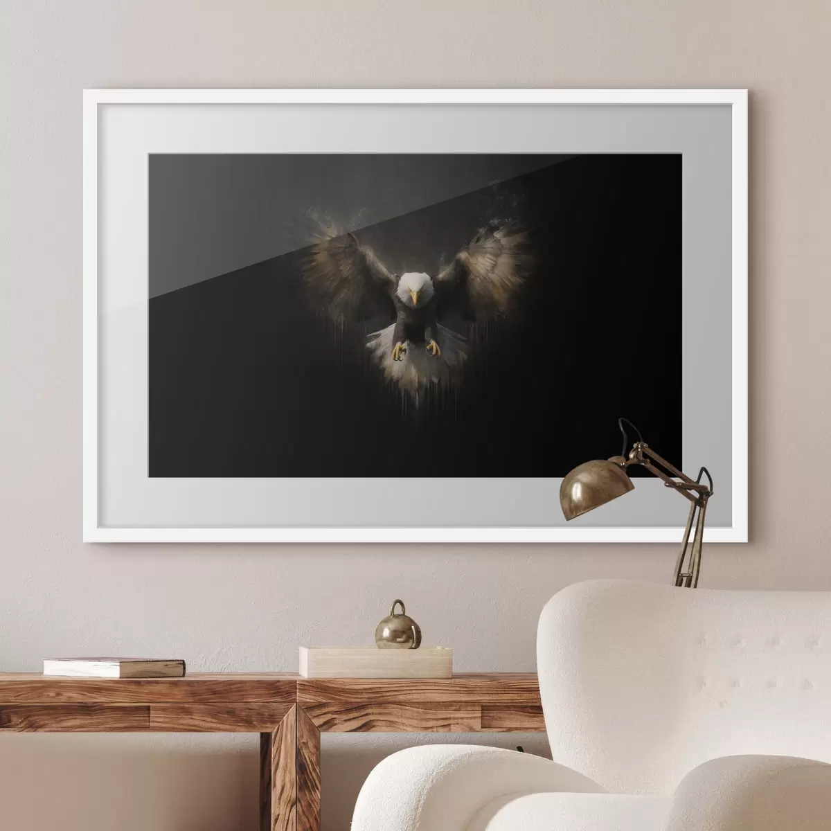 Poster Adler mit ausgebreiteten Flügeln vor schwarzem Hintergrund f50589