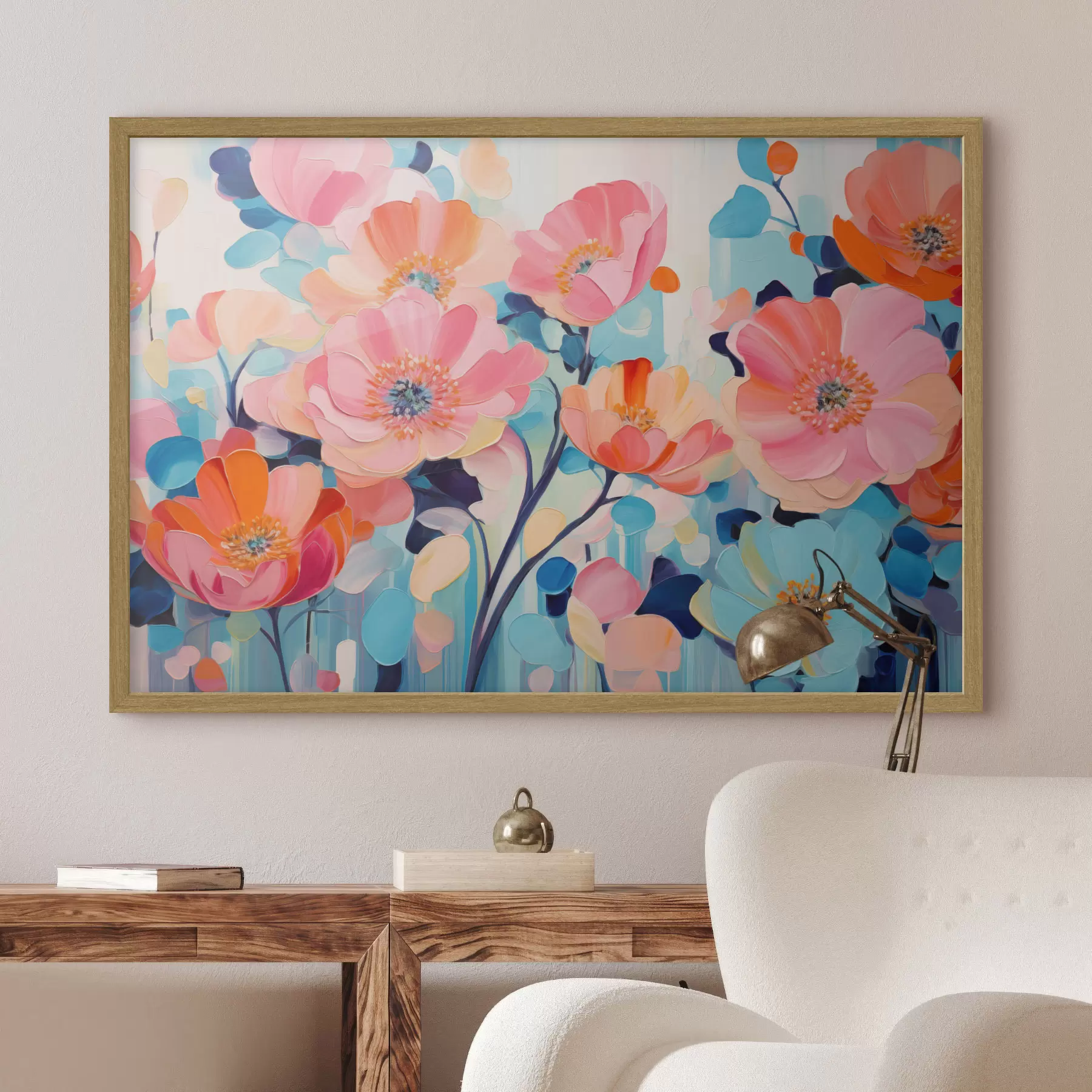 Fototapete Große, farbenprächtige Blüten in Rosa- und Blautönen f50590