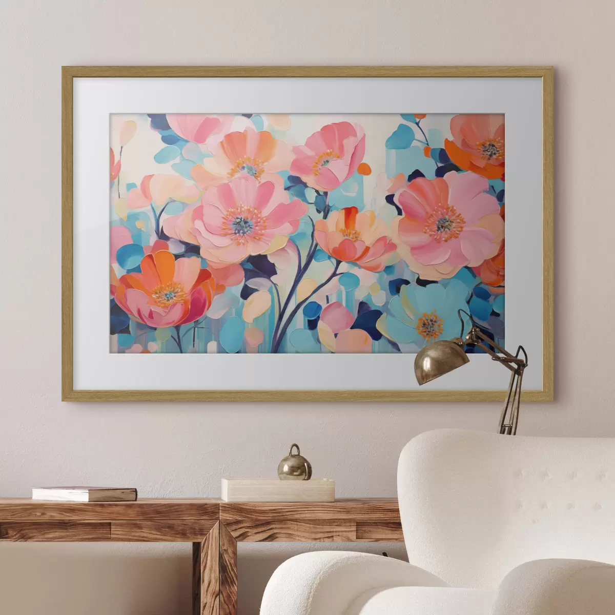 Poster Große, farbenprächtige Blüten in Rosa- und Blautönen f50590