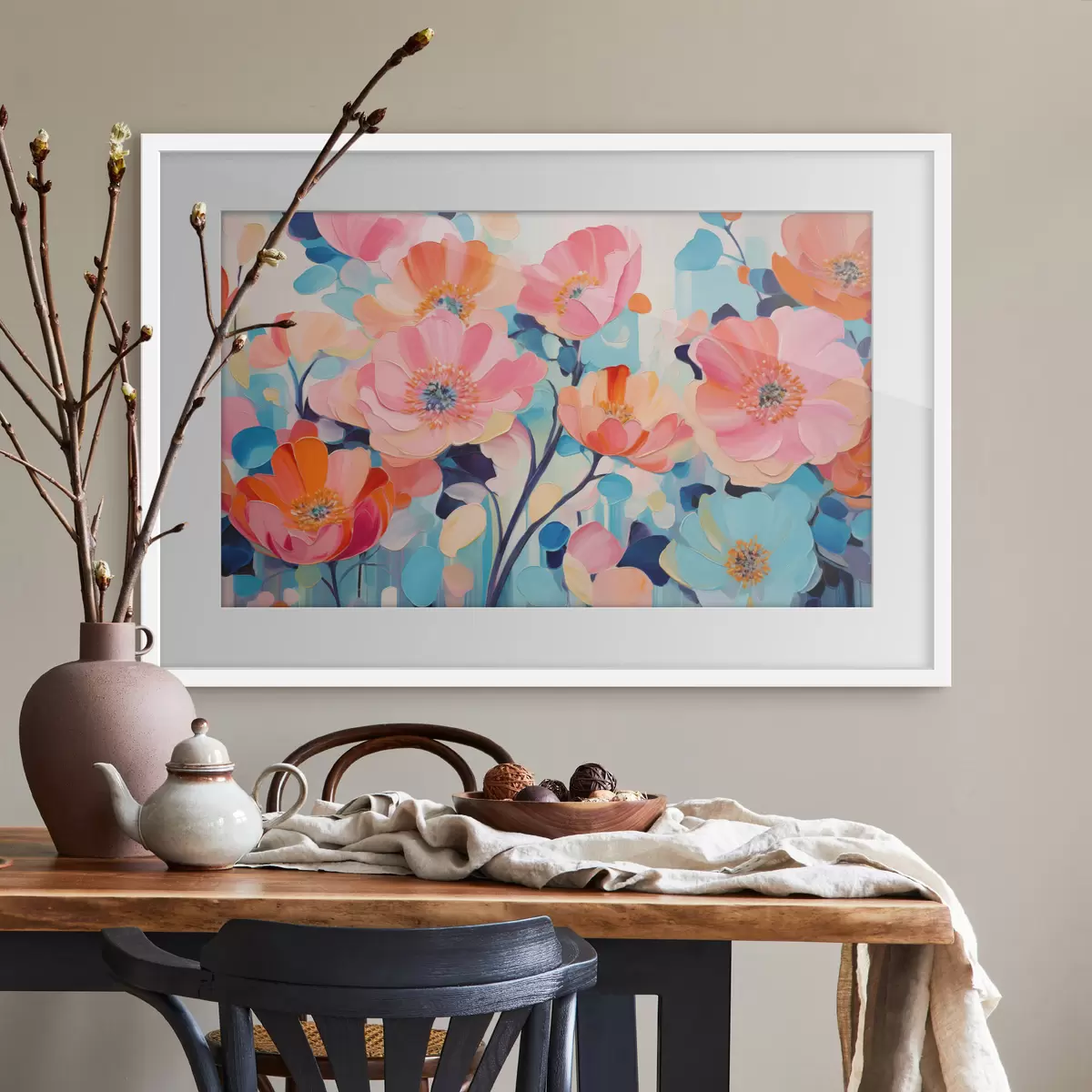 Poster Große, farbenprächtige Blüten in Rosa- und Blautönen f50590