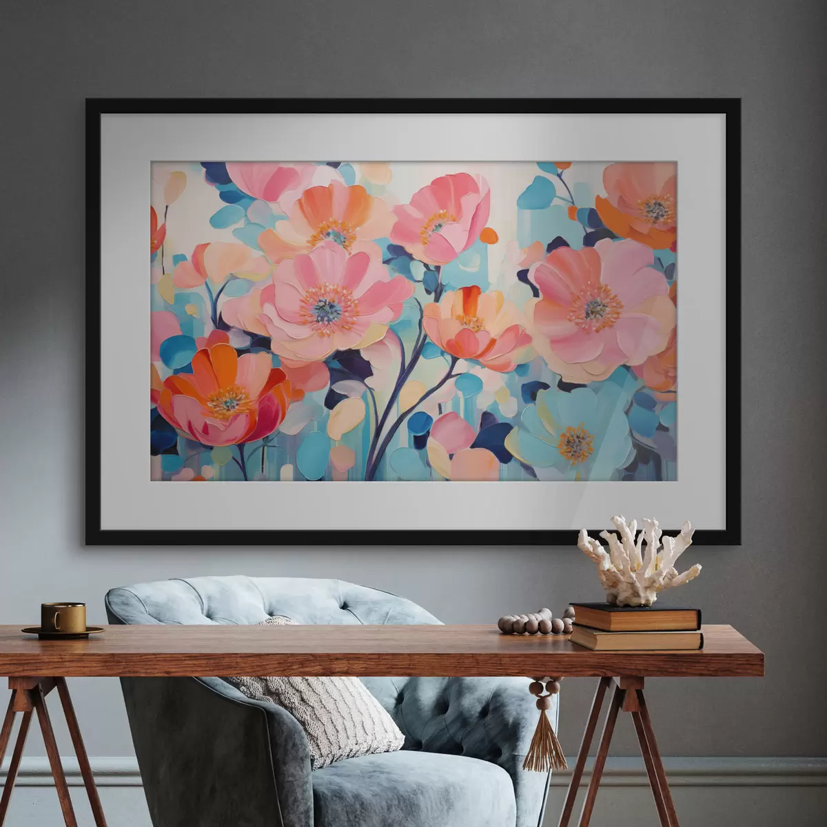 Poster Große, farbenprächtige Blüten in Rosa- und Blautönen f50590