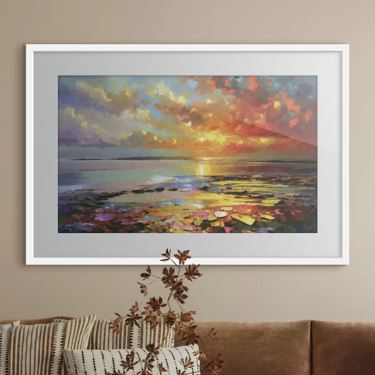 Poster Ein farbenprächtiger Sonnenuntergang über dem Wasser und einer felsigen Küste f50591