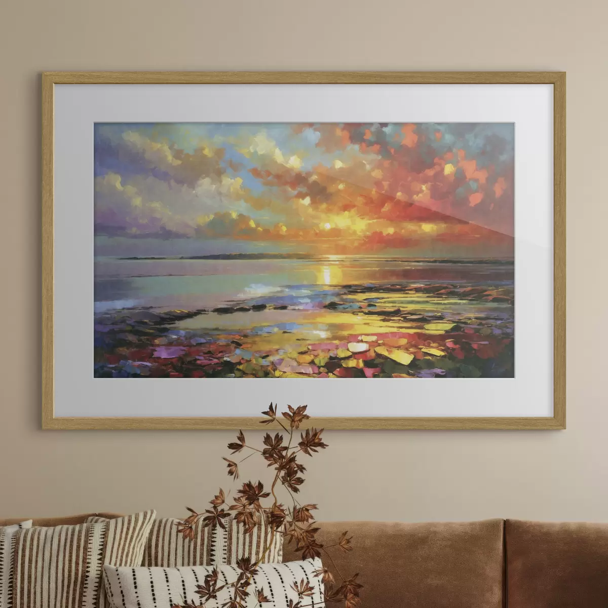 Poster Ein farbenprächtiger Sonnenuntergang über dem Wasser und einer felsigen Küste f50591