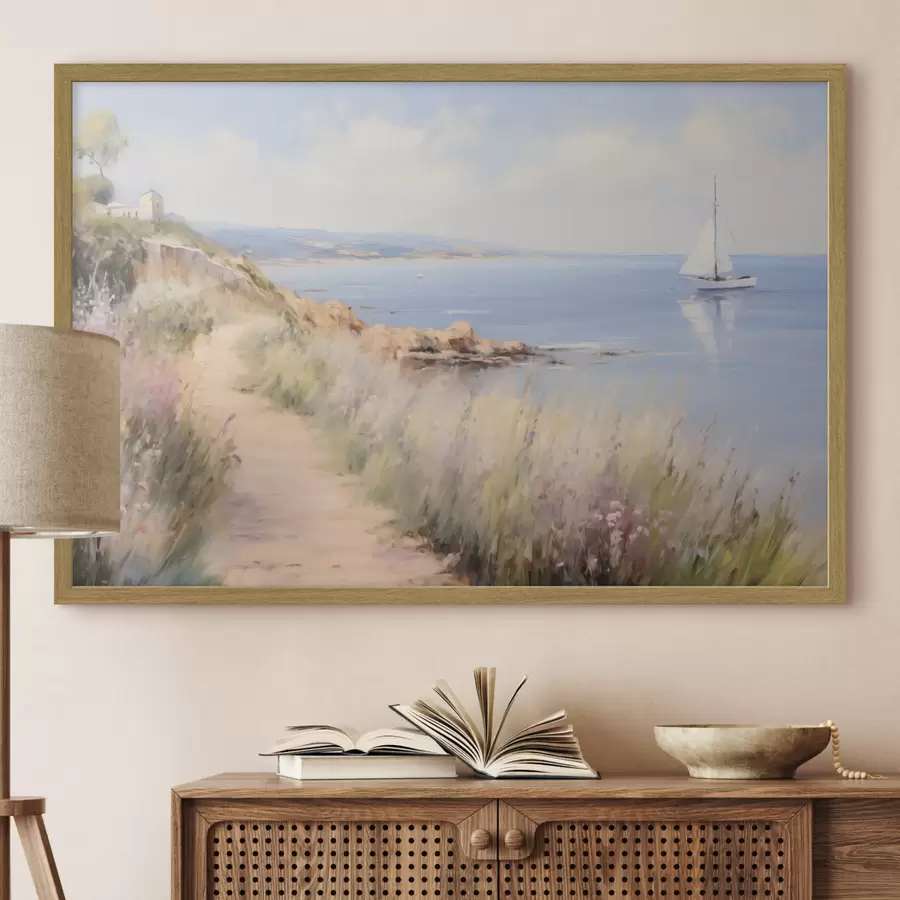 Fototapete Küstenweg mit Blumen und einem Segelboot f50592