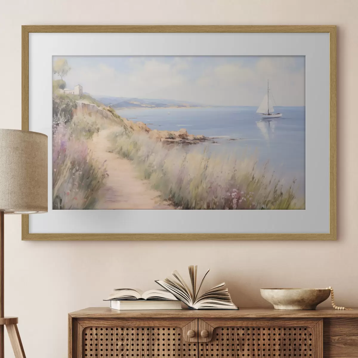 Poster Küstenweg mit Blumen und einem Segelboot f50592