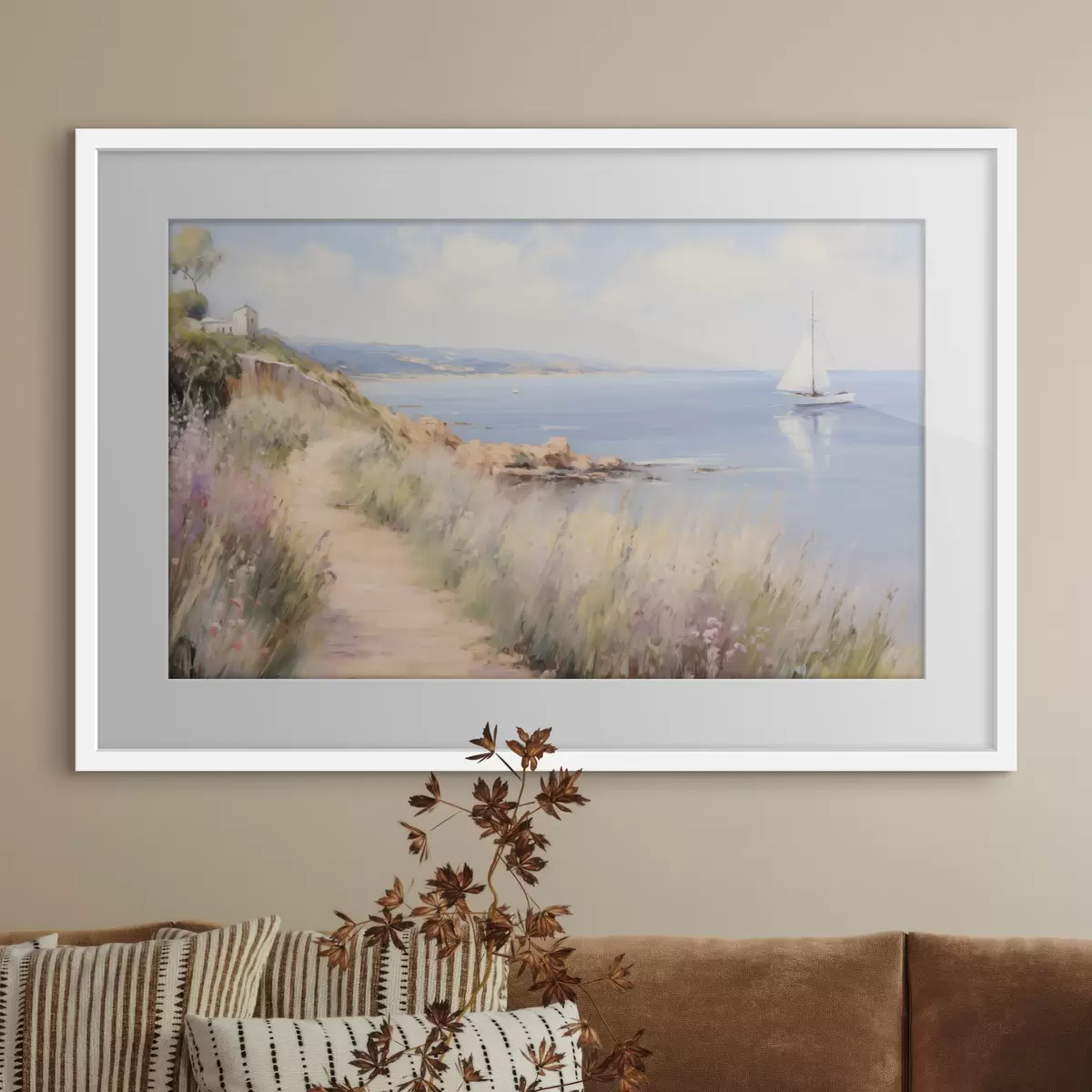 Poster Küstenweg mit Blumen und einem Segelboot f50592