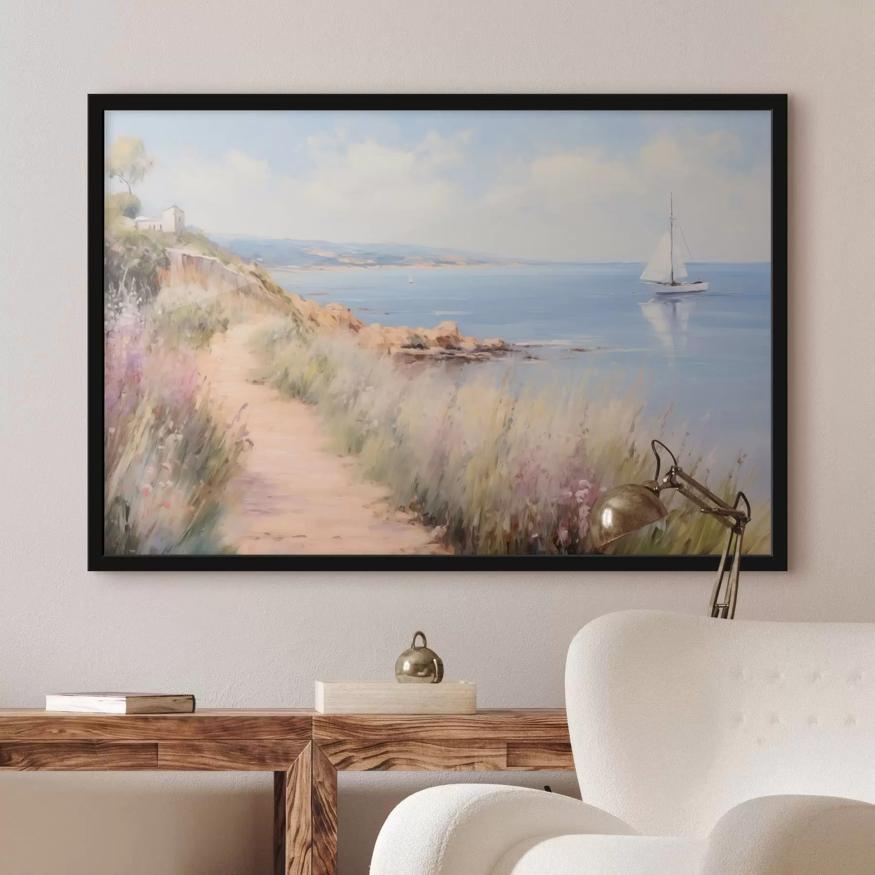 Fototapete Küstenweg mit Blumen und einem Segelboot f50592