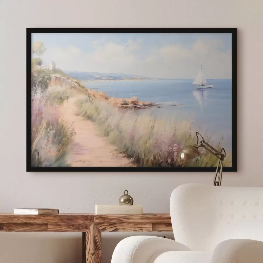 Fototapete Küstenweg mit Blumen und einem Segelboot f50592