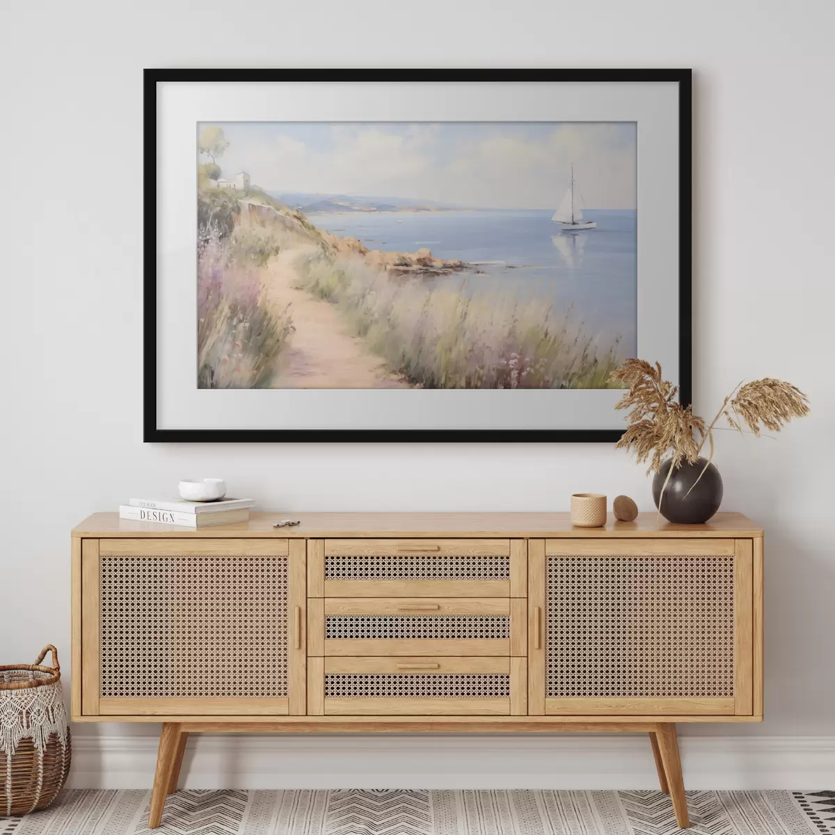 Poster Küstenweg mit Blumen und einem Segelboot f50592