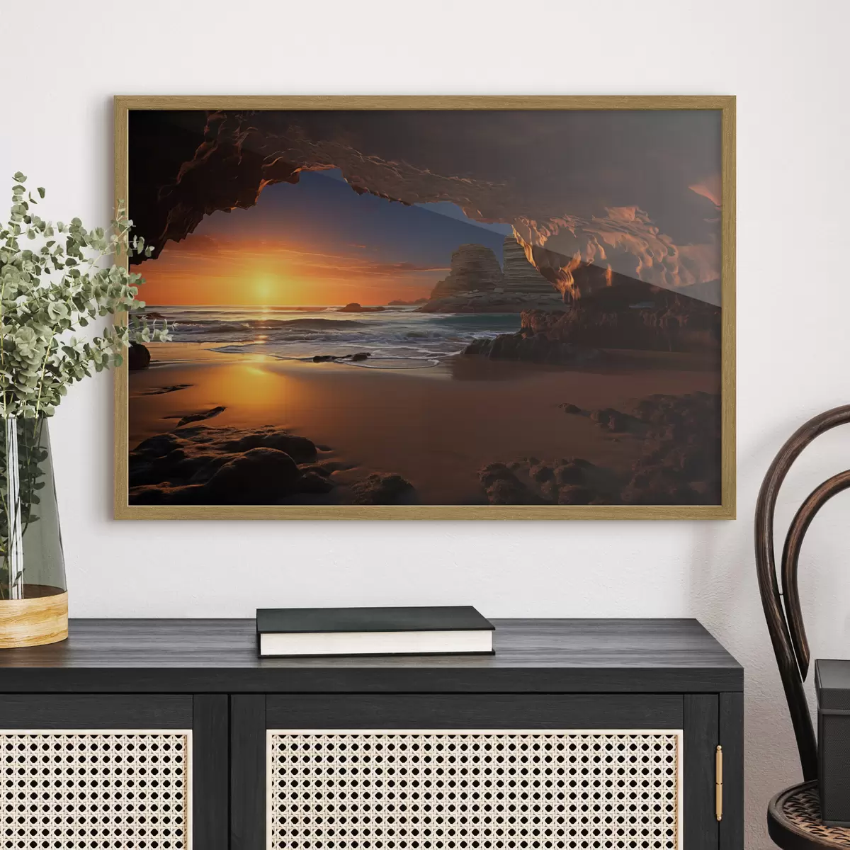 Poster Sonnenuntergang am Meer, eingerahmt von einer felsigen Höhle f50594